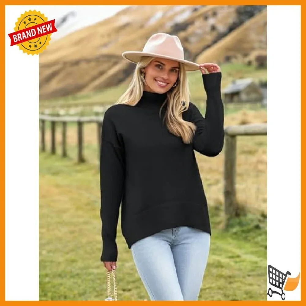 Women's Chunky Knit Turtleneck Sweater Oversized Pullover High Low Hem